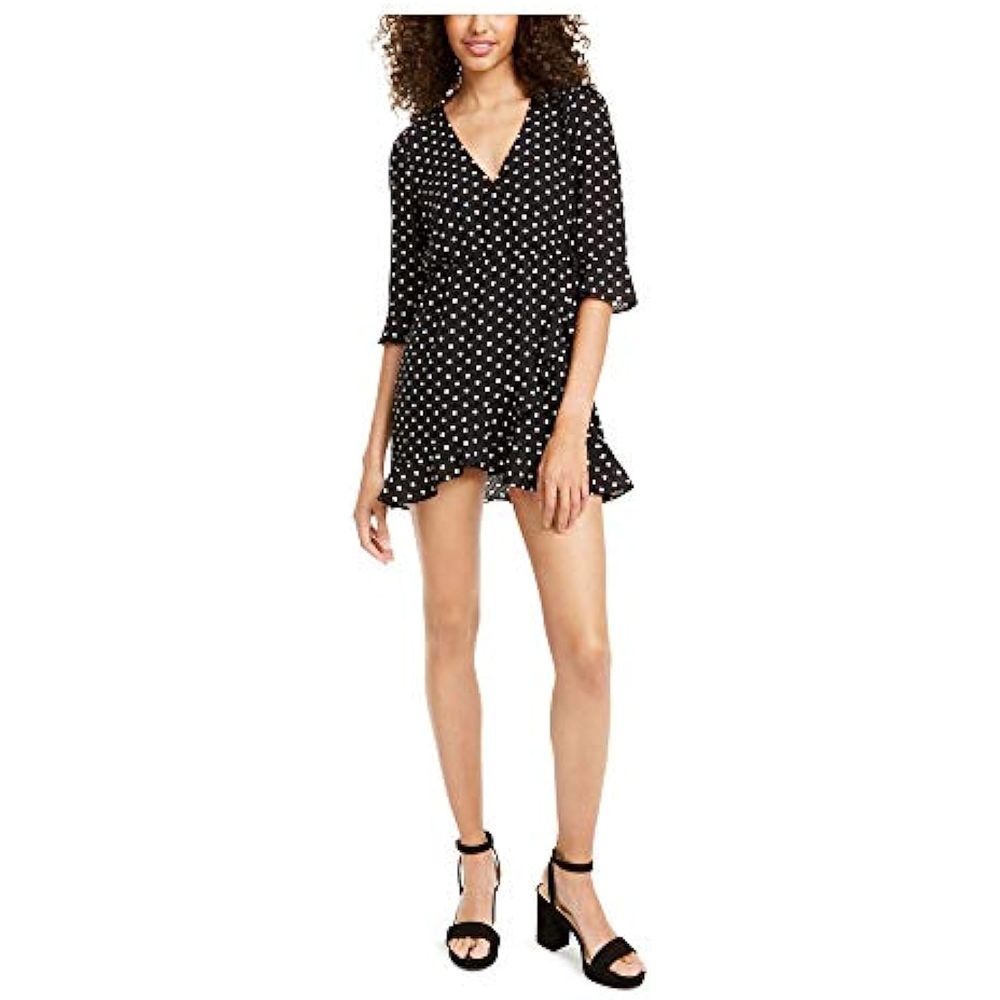 MSRP $69 Q & A Womens Polka Dot Surplice Wrap Dress Black Size Large